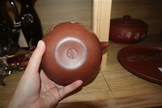 A Yixing pottery covered bowl and stand and a similar teapot